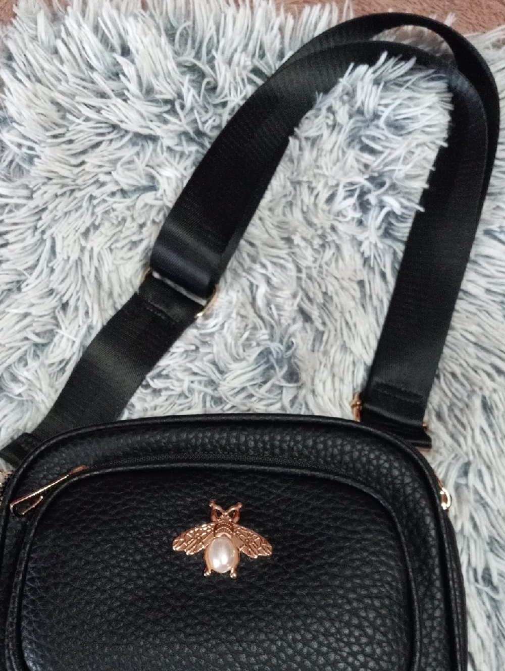 Black Leatherette Crossbody Bag with Gold Bee Accent